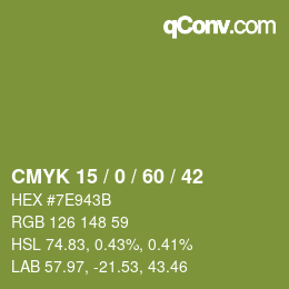 カラーコード: CMYK 15 / 0 / 60 / 42 | qconv.com