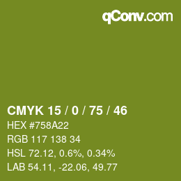 Color code: CMYK 15 / 0 / 75 / 46 | qconv.com