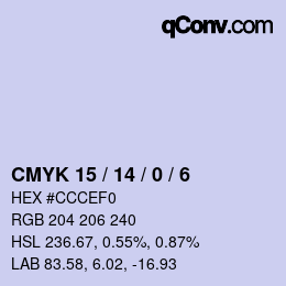カラーコード: CMYK 15 / 14 / 0 / 6 | qconv.com
