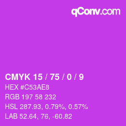 Code couleur: CMYK 15 / 75 / 0 / 9 | qconv.com