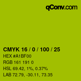 カラーコード: CMYK 16 / 0 / 100 / 25 | qconv.com