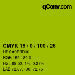 颜色代码: CMYK 16 / 0 / 100 / 26 | qconv.com