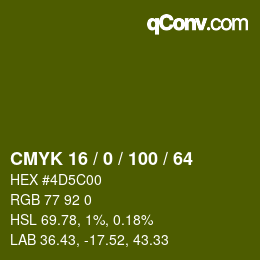 Color code: CMYK 16 / 0 / 100 / 64 | qconv.com
