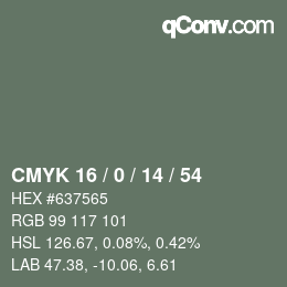 Color code: CMYK 16 / 0 / 14 / 54 | qconv.com