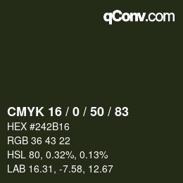 Farbcode: CMYK 16 / 0 / 50 / 83 | qconv.com