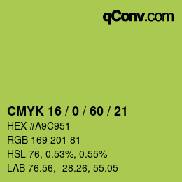 カラーコード: CMYK 16 / 0 / 60 / 21 | qconv.com