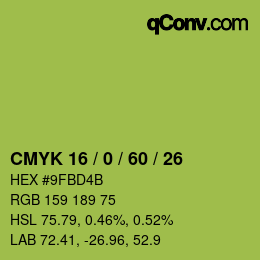 カラーコード: CMYK 16 / 0 / 60 / 26 | qconv.com