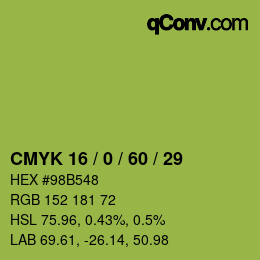 カラーコード: CMYK 16 / 0 / 60 / 29 | qconv.com
