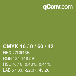 カラーコード: CMYK 16 / 0 / 60 / 42 | qconv.com