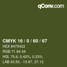 カラーコード: CMYK 16 / 0 / 60 / 67 | qconv.com