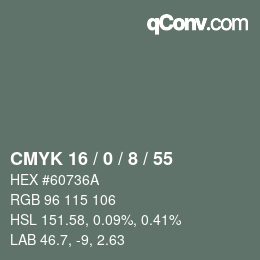 カラーコード: CMYK 16 / 0 / 8 / 55 | qconv.com