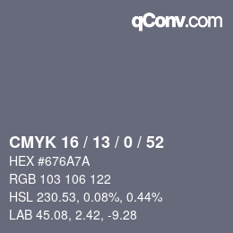 カラーコード: CMYK 16 / 13 / 0 / 52 | qconv.com