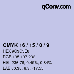カラーコード: CMYK 16 / 15 / 0 / 9 | qconv.com