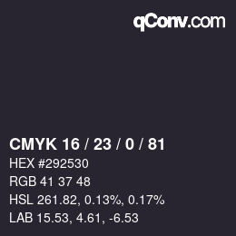 Color code: CMYK 16 / 23 / 0 / 81 | qconv.com