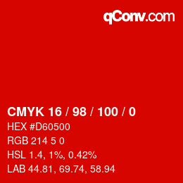 Color code: CMYK 16 / 98 / 100 / 0 | qconv.com