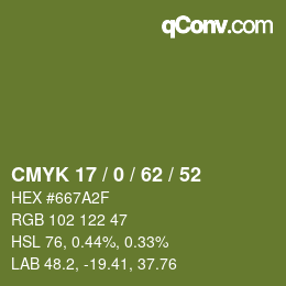 Color code: CMYK 17 / 0 / 62 / 52 | qconv.com