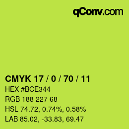 Farbcode: CMYK 17 / 0 / 70 / 11 | qconv.com