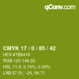 Farbcode: CMYK 17 / 0 / 85 / 42 | qconv.com