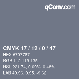 Farbcode: CMYK 17 / 12 / 0 / 47 | qconv.com