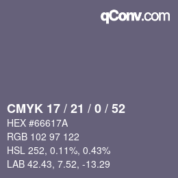 Farbcode: CMYK 17 / 21 / 0 / 52 | qconv.com