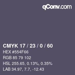 カラーコード: CMYK 17 / 23 / 0 / 60 | qconv.com