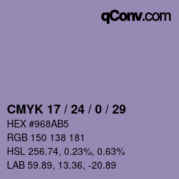 Code couleur: CMYK 17 / 24 / 0 / 29 | qconv.com