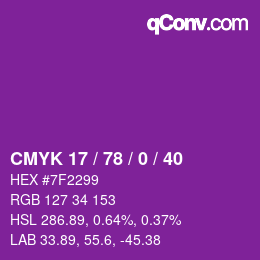 カラーコード: CMYK 17 / 78 / 0 / 40 | qconv.com