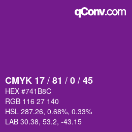 颜色代码: CMYK 17 / 81 / 0 / 45 | qconv.com