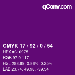 カラーコード: CMYK 17 / 92 / 0 / 54 | qconv.com