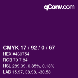 カラーコード: CMYK 17 / 92 / 0 / 67 | qconv.com