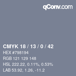 Color code: CMYK 18 / 13 / 0 / 42 | qconv.com