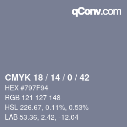 カラーコード: CMYK 18 / 14 / 0 / 42 | qconv.com