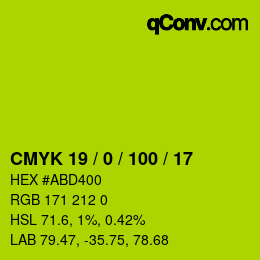 カラーコード: CMYK 19 / 0 / 100 / 17 | qconv.com