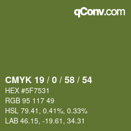 Color code: CMYK 19 / 0 / 58 / 54 | qconv.com