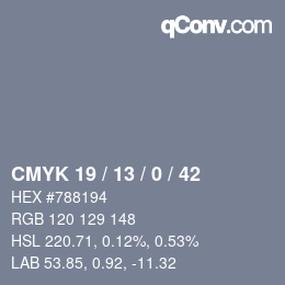 Color code: CMYK 19 / 13 / 0 / 42 | qconv.com