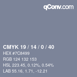 Color code: CMYK 19 / 14 / 0 / 40 | qconv.com