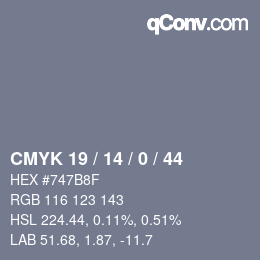 Farbcode: CMYK 19 / 14 / 0 / 44 | qconv.com