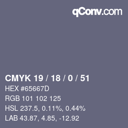 カラーコード: CMYK 19 / 18 / 0 / 51 | qconv.com