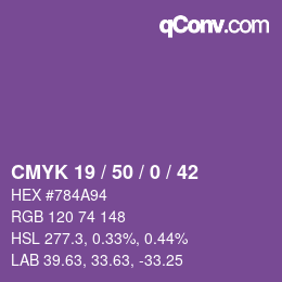 Color code: CMYK 19 / 50 / 0 / 42 | qconv.com