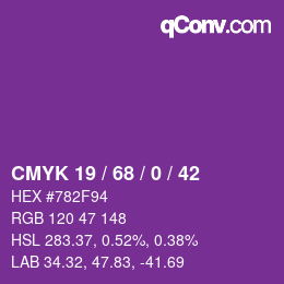 カラーコード: CMYK 19 / 68 / 0 / 42 | qconv.com