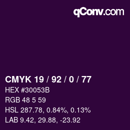 カラーコード: CMYK 19 / 92 / 0 / 77 | qconv.com