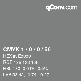 カラーコード: CMYK 1 / 0 / 0 / 50 | qconv.com