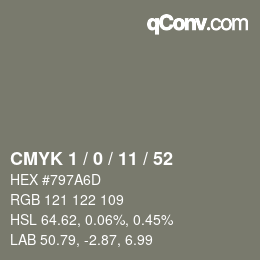 カラーコード: CMYK 1 / 0 / 11 / 52 | qconv.com