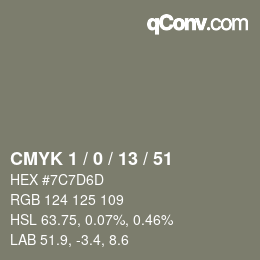 カラーコード: CMYK 1 / 0 / 13 / 51 | qconv.com