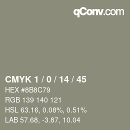 カラーコード: CMYK 1 / 0 / 14 / 45 | qconv.com