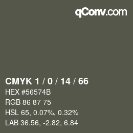 カラーコード: CMYK 1 / 0 / 14 / 66 | qconv.com