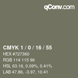 カラーコード: CMYK 1 / 0 / 16 / 55 | qconv.com