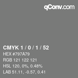 颜色代码: CMYK 1 / 0 / 1 / 52 | qconv.com