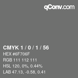 Color code: CMYK 1 / 0 / 1 / 56 | qconv.com