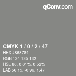 Farbcode: CMYK 1 / 0 / 2 / 47 | qconv.com